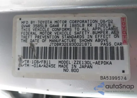 2003 Toyota Corolla Ce из США, поврежденный, VIN JTDBR32E830021871